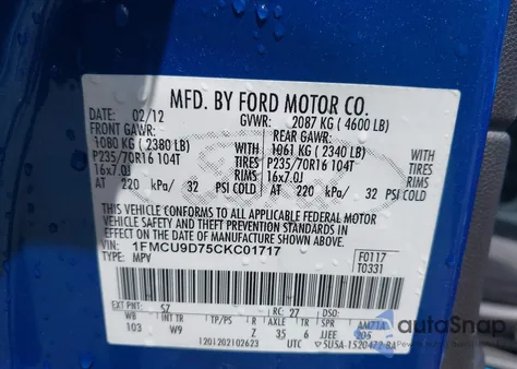 2012 Ford Escape Xlt из США, поврежденный, VIN 1FMCU9D75CKC01717